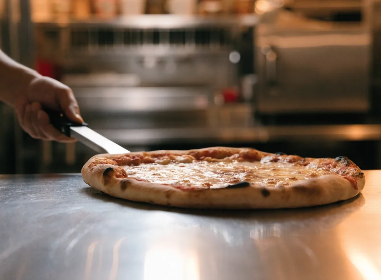 Finished thin-crust pizza resting on the pass counter
