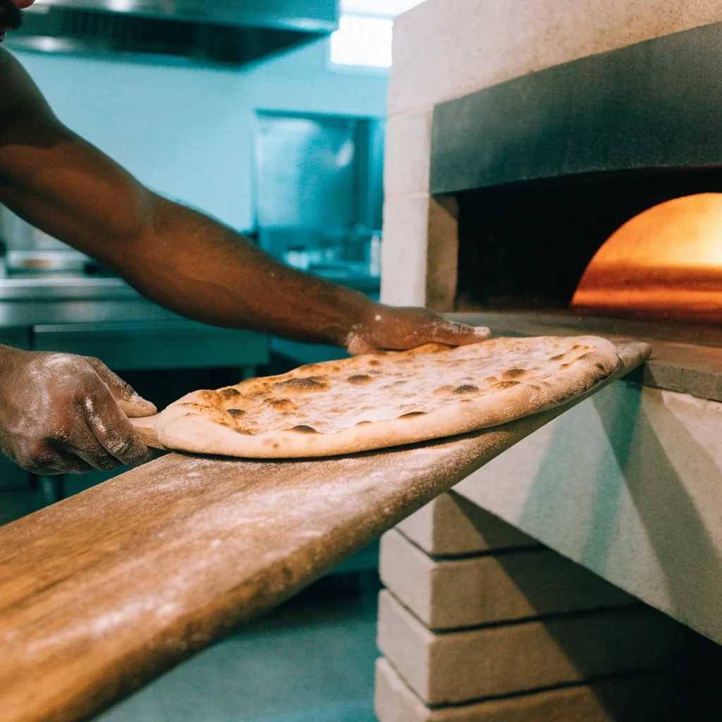 Hand-tossed dough above a flour-dusted prep bench