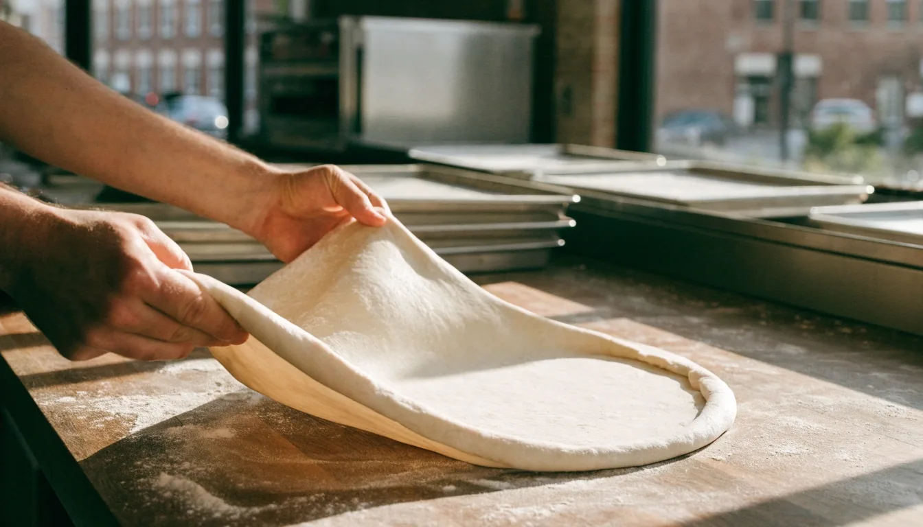 Hands stretching pizza dough on a flour-dusted bench in the open kitchen
