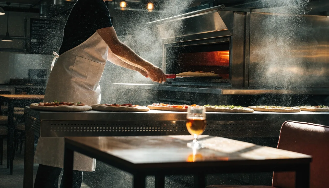 Open kitchen line with dough being topped and baked
