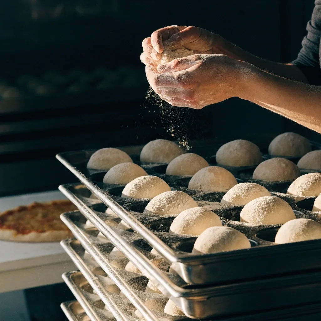 Proofing dough trays dusted with flour in the prep area