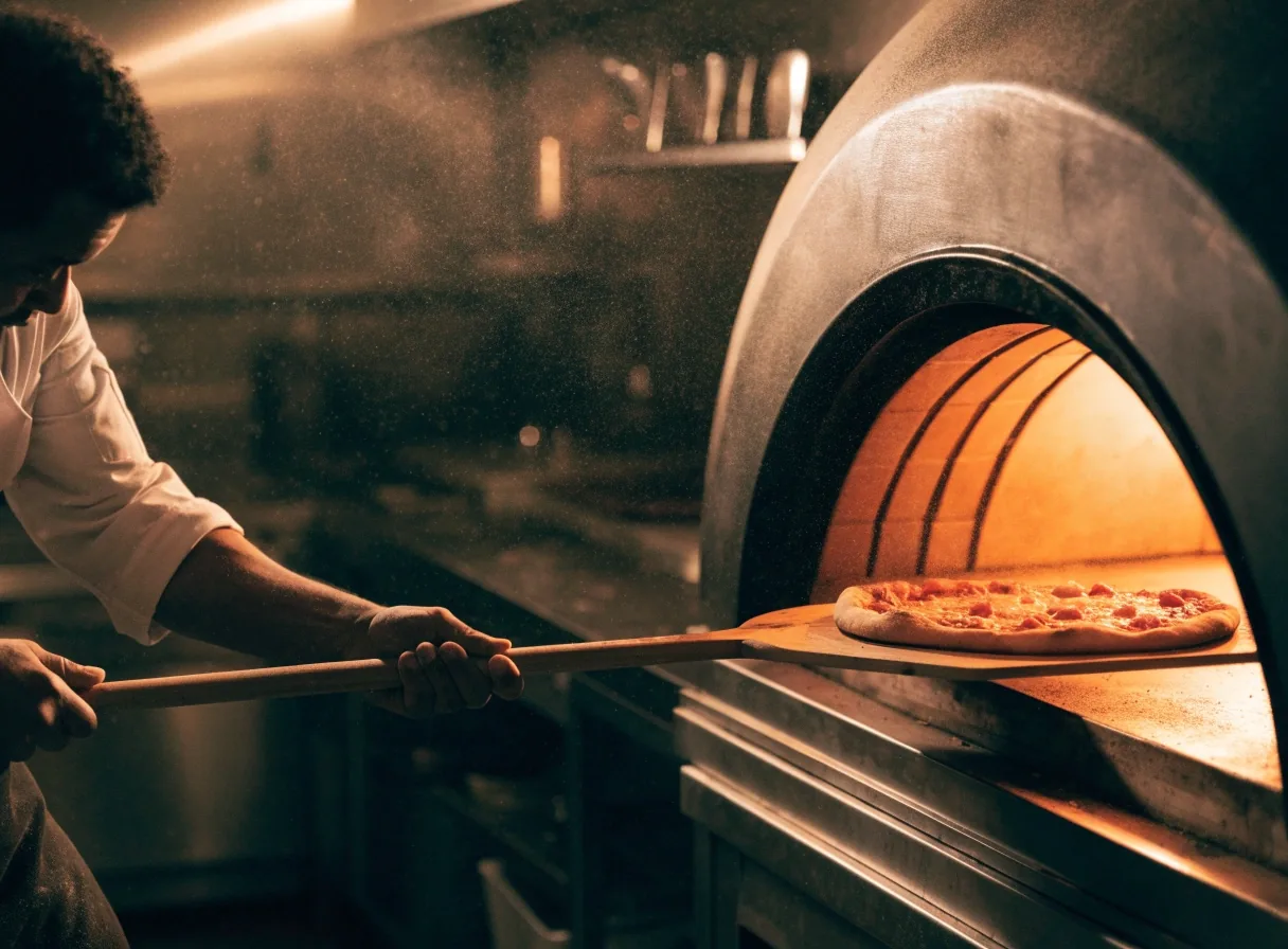 Cook tossing dough above a flour-dusted prep bench