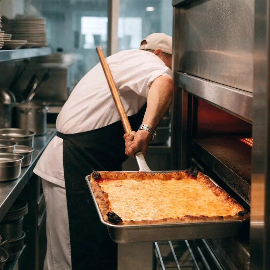 Detroit-style rectangular pizza with caramelized cheese edge in a steel pan