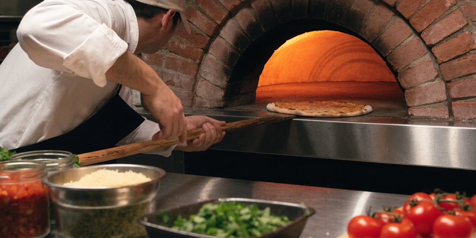 Finished thin crust pizza on a serving board at the pass