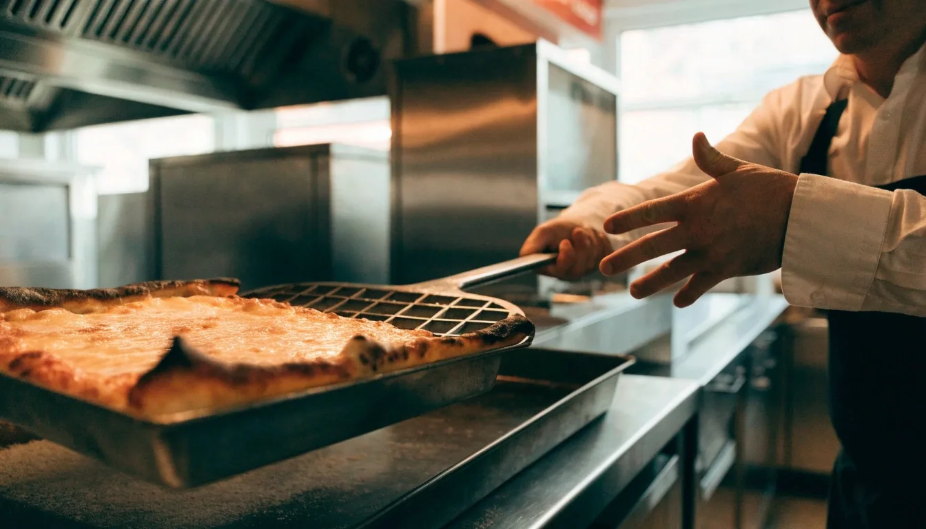 Hands stretching pizza dough on a flour-dusted bench in the Dewey's kitchen