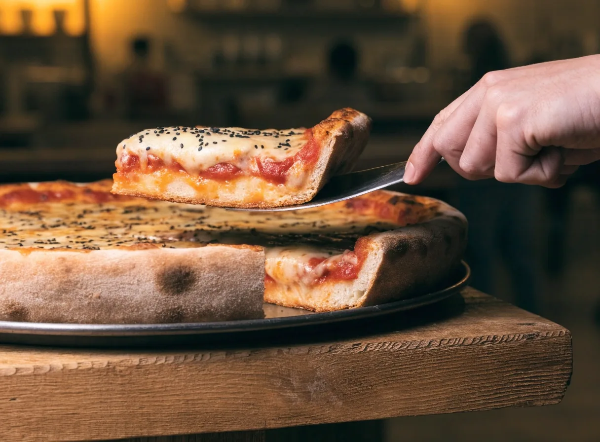 Tall Chicago deep dish pizza served in its round baking pan