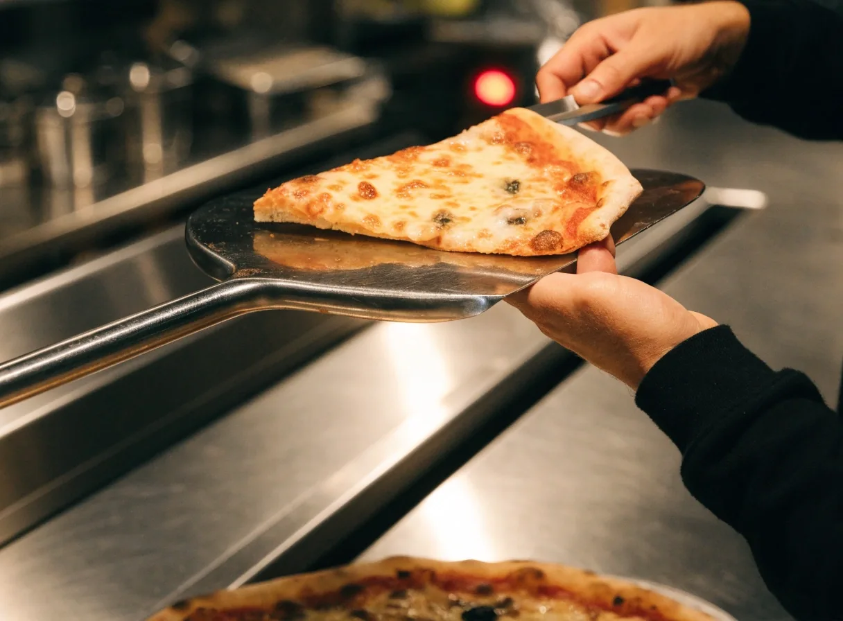 Thin crust pizza with crisp edge on a pass counter