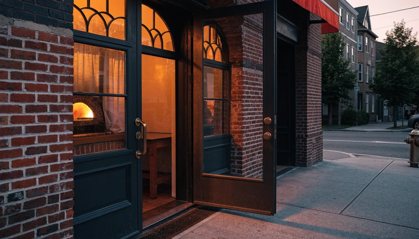 Carry-out counter and prep bench inside Dewey's Pizza at dusk