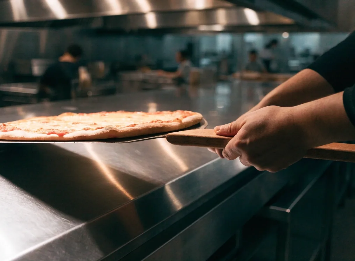Finished thin-crust pizza on the pass counter