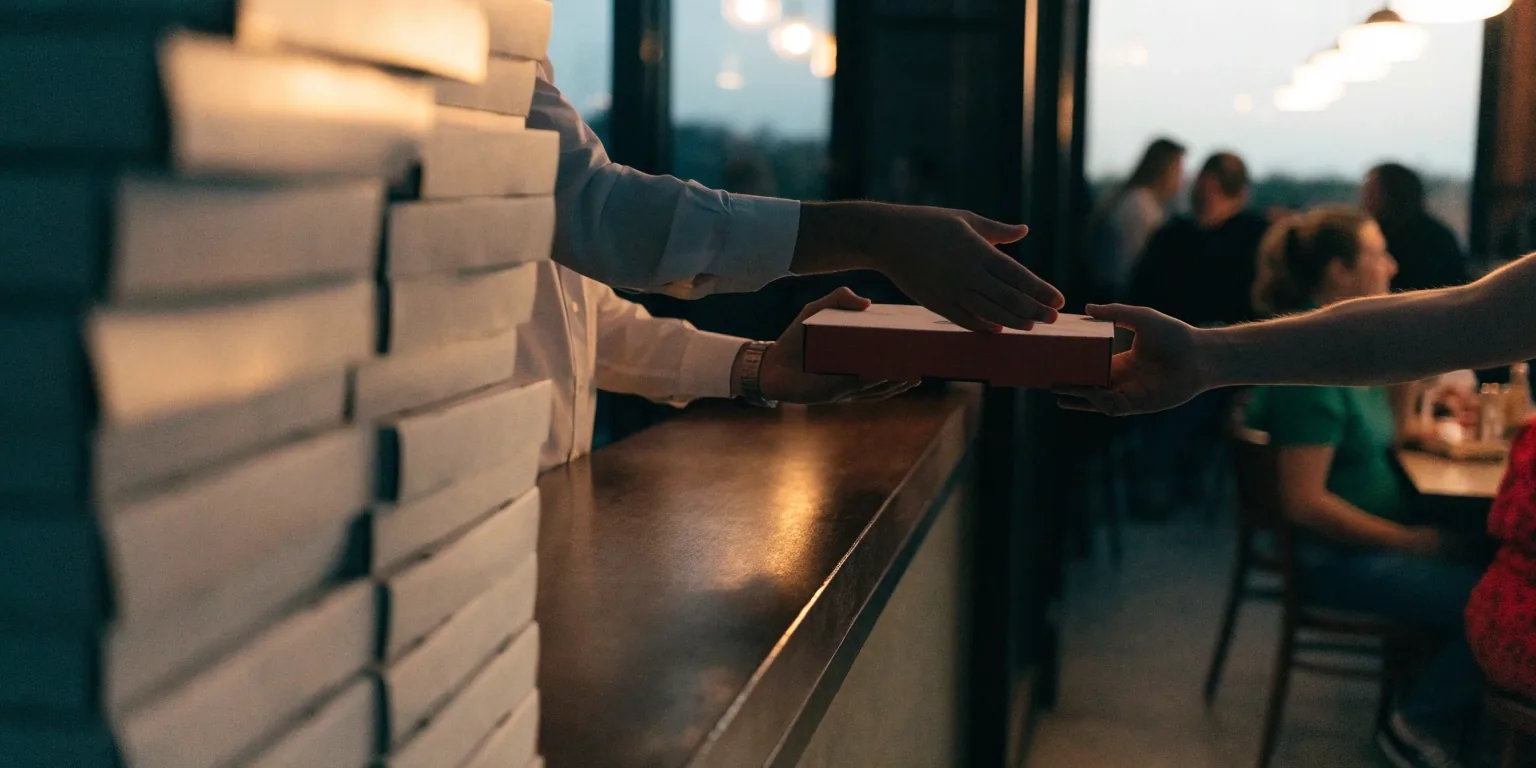 Carry-out counter with pizza boxes at dusk