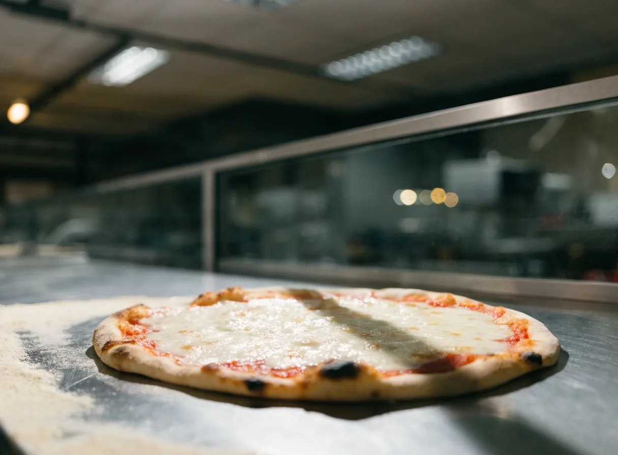 Fresh thin-crust pizza resting on a pass counter