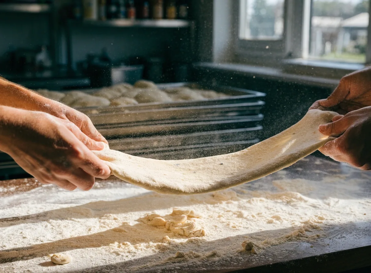 Hands stretching pizza dough on a flour-dusted bench