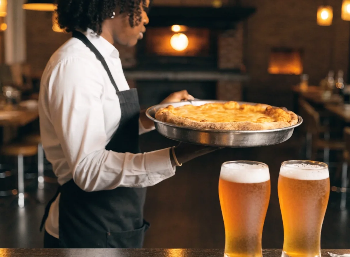 Beer poured at the bar beside pizza service