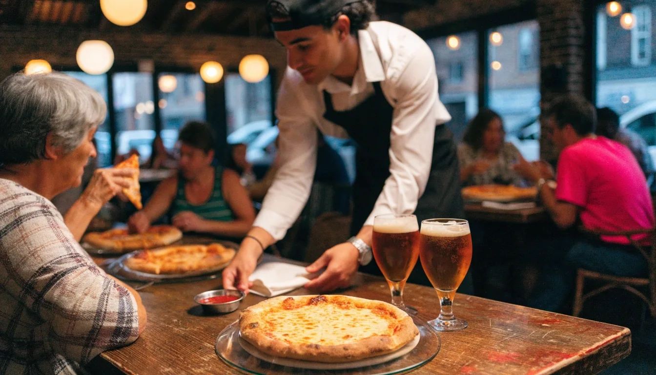 Dining room at service with shared pizzas