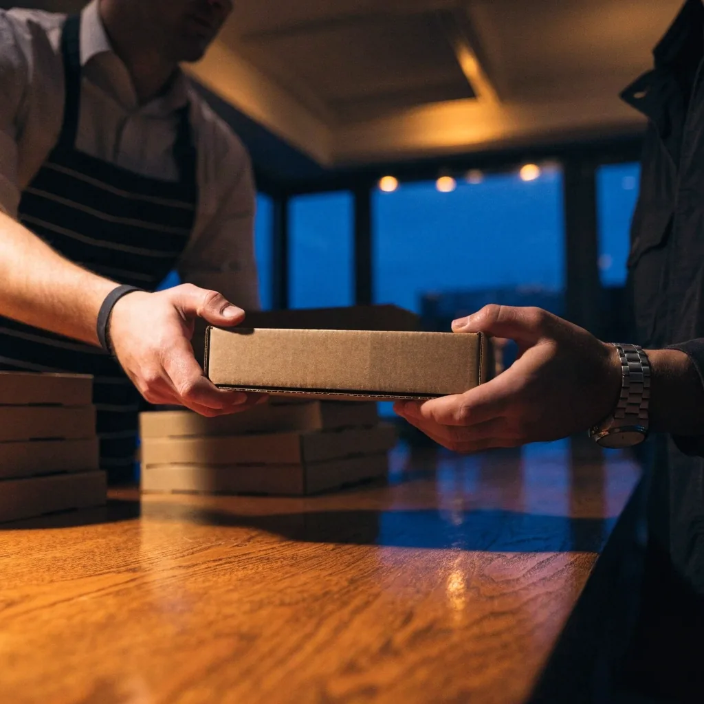 Carry-out counter with a boxed order being handed over