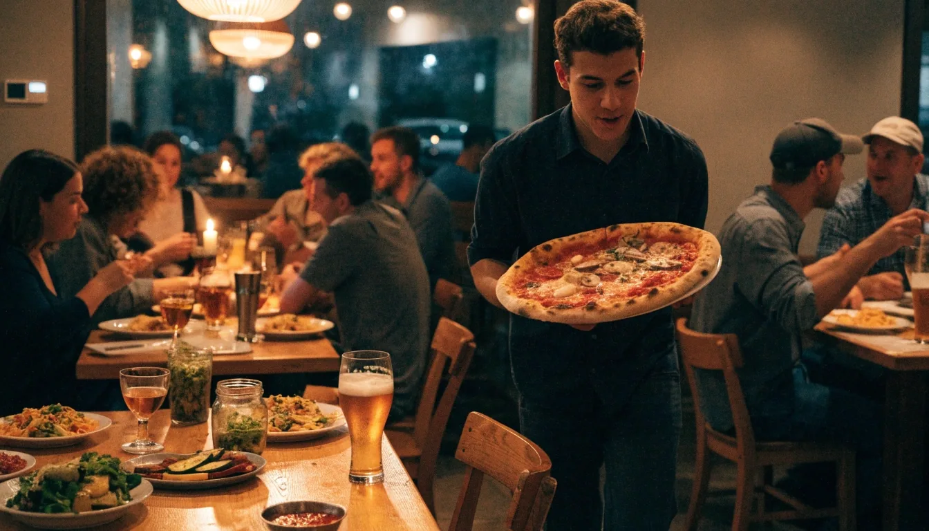 Dining room at a Dewey's Pizza restaurant during service
