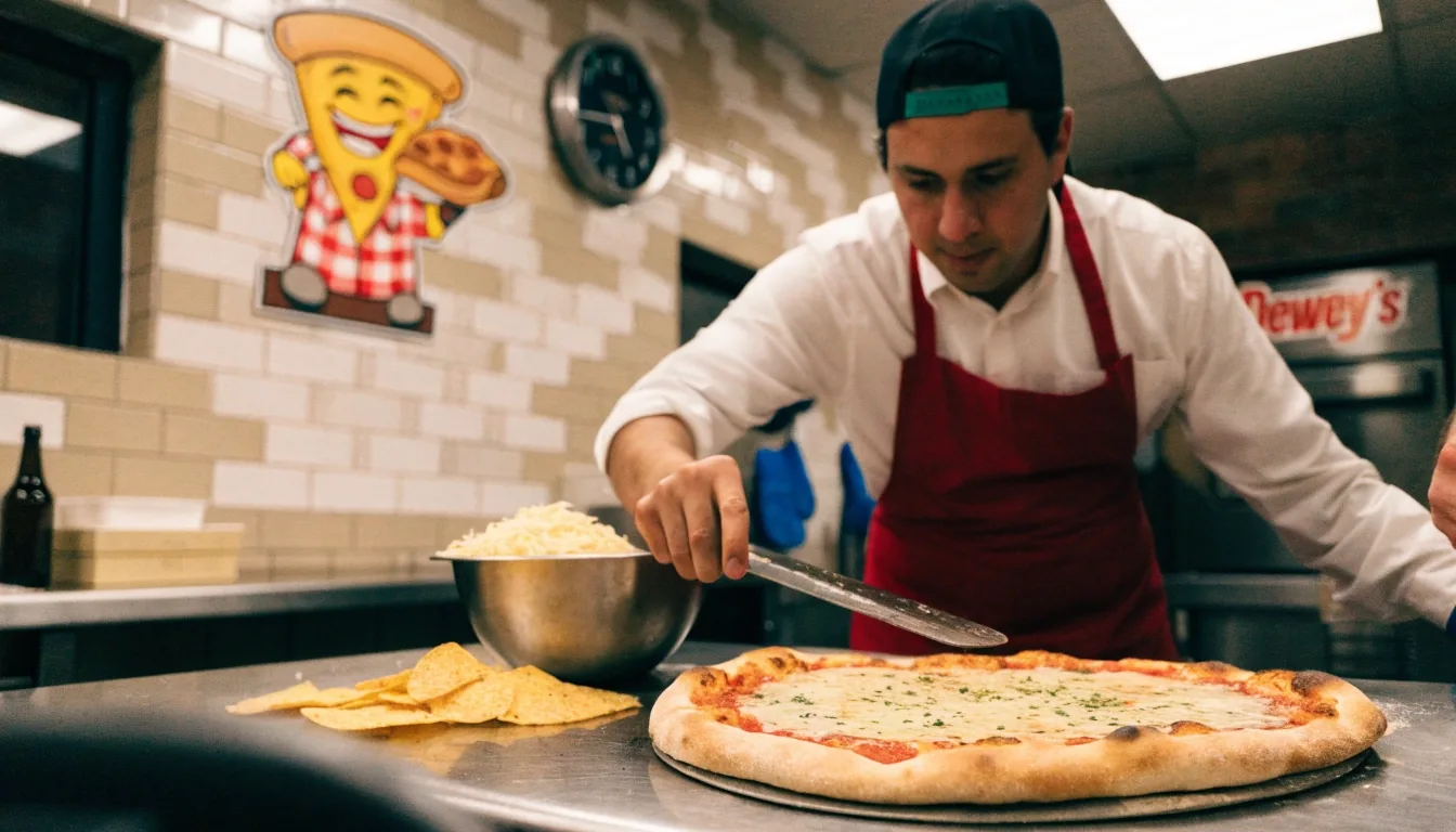Group table with pizzas being served in the dining room