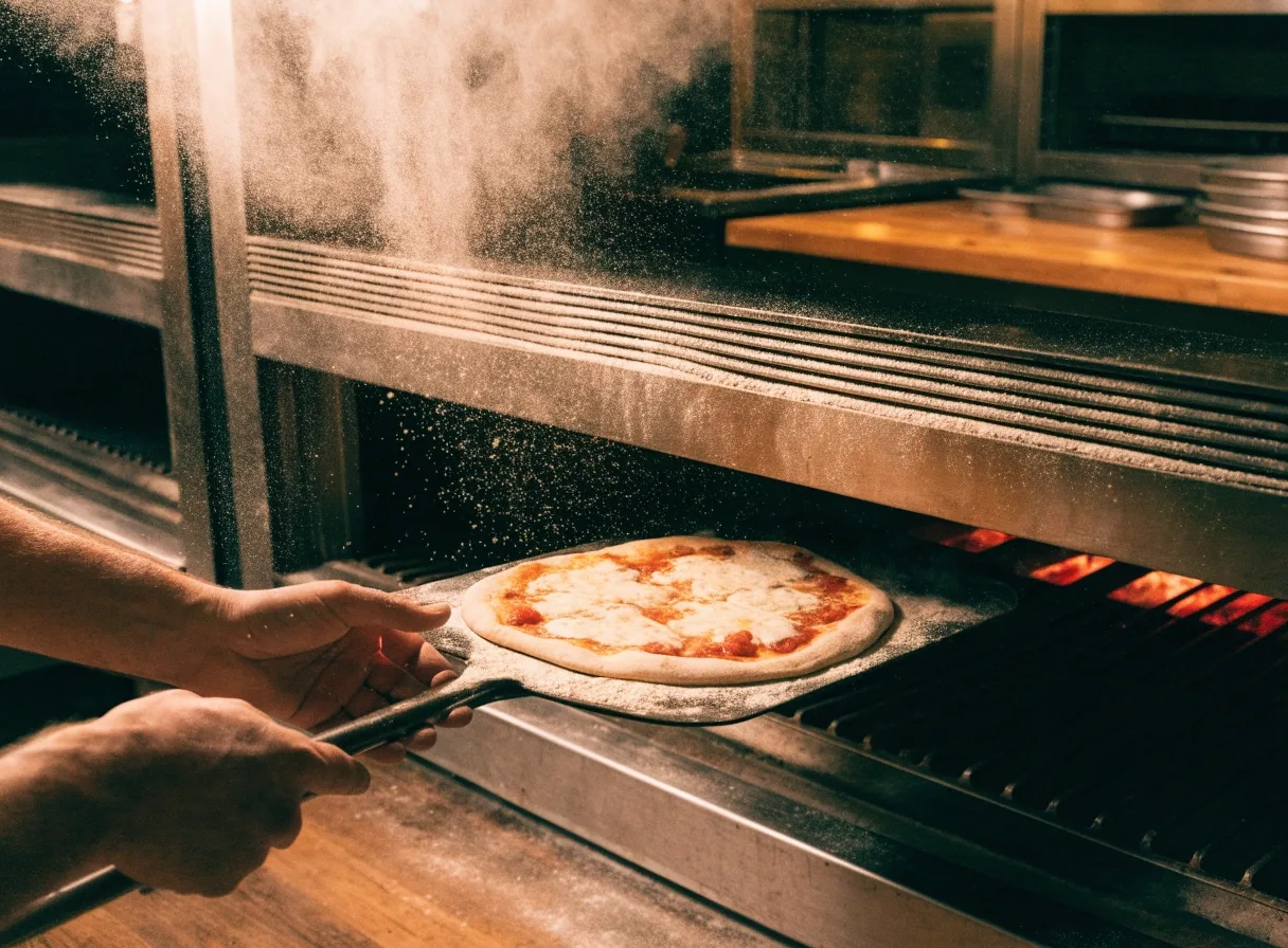 Hands sliding a thin-crust pizza into the oven