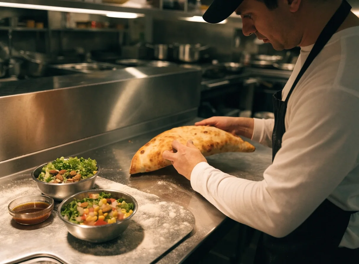 Fresh salads in shallow bowls on a prep bench