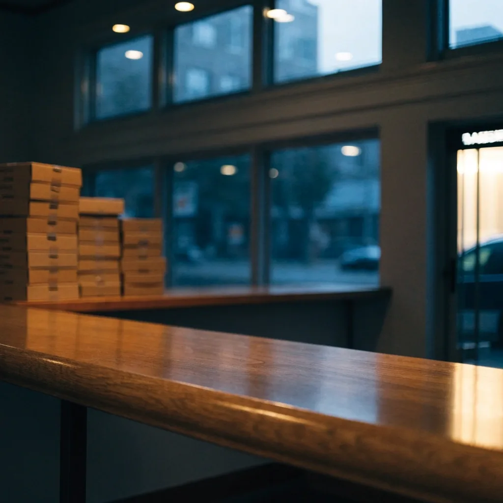 Carry-out counter of an American pizzeria at dusk