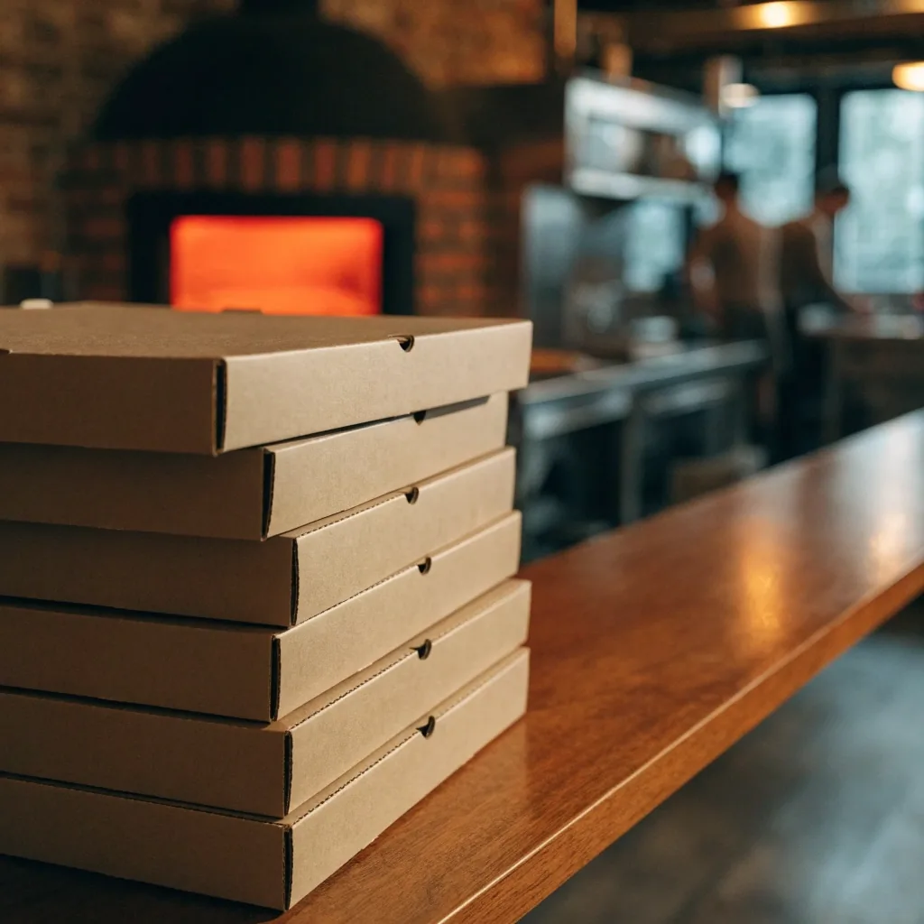 Flour-dusted prep bench with proofing dough in a pizzeria kitchen
