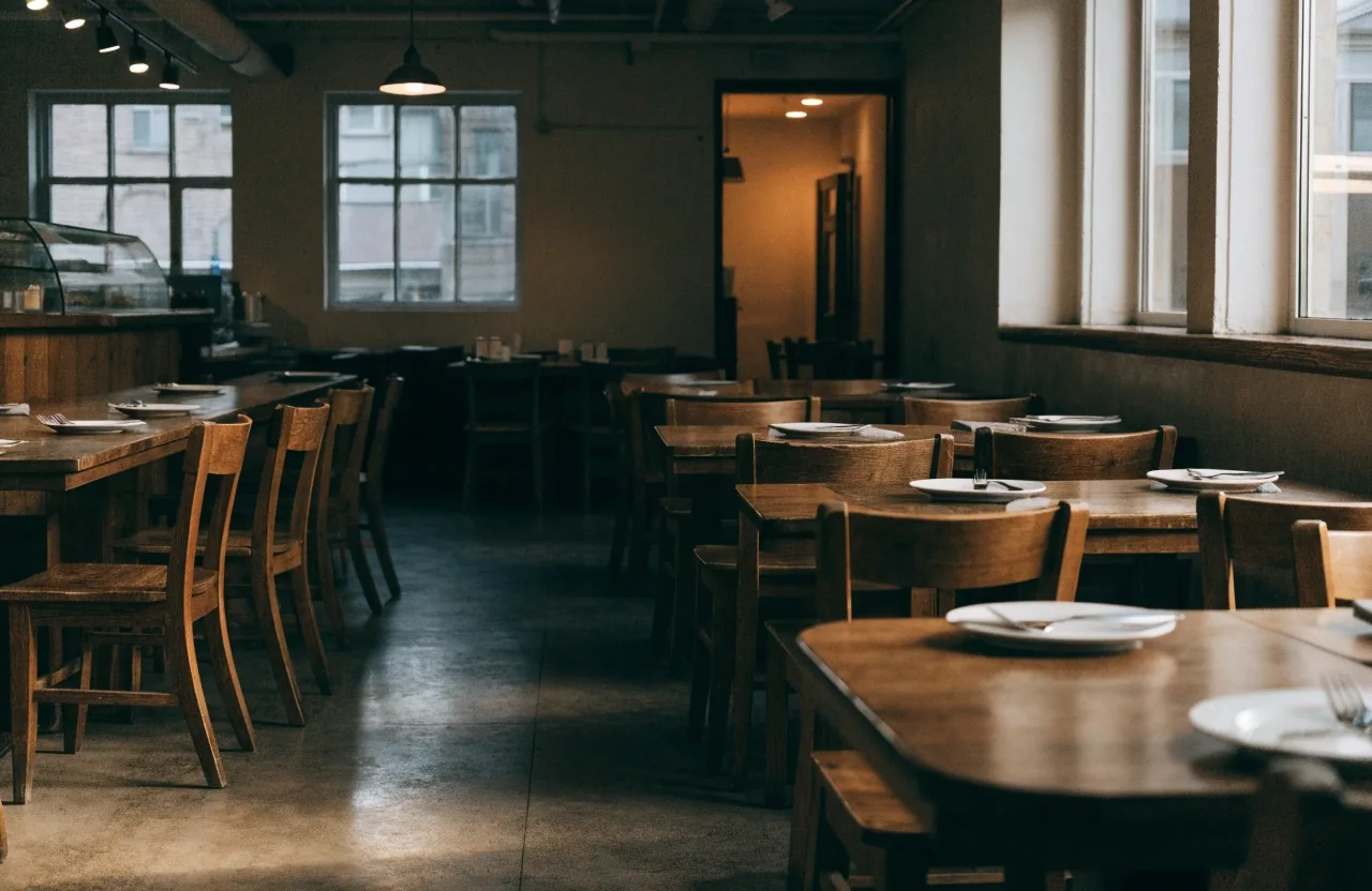 Pizzeria dining room after service in soft evening light