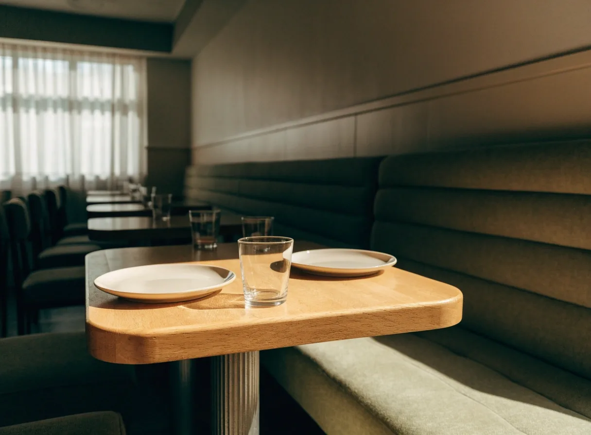 Quiet dining room of an American pizzeria in daylight