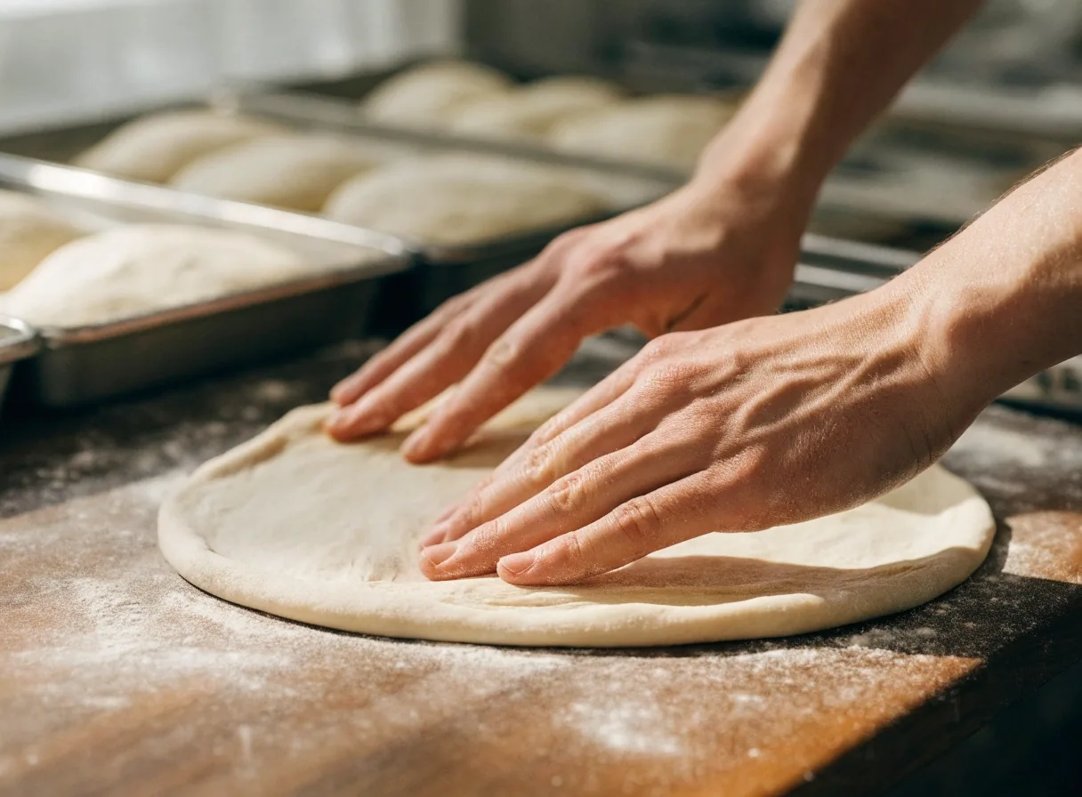 Hands stretching pizza dough on a flour-dusted bench